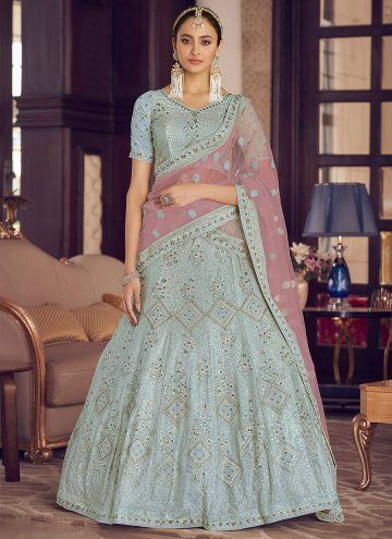 Turquoise color Pure Crepe Designer Lehenga Choli with Thread