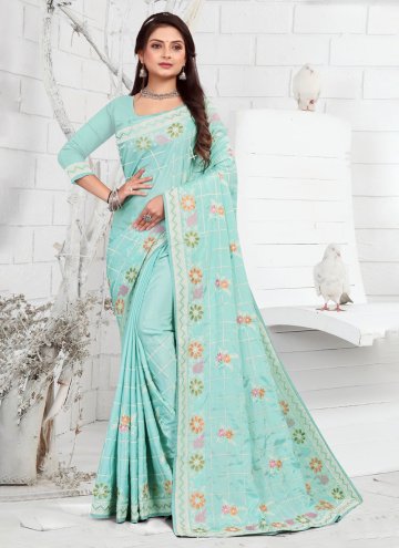 Turquoise Faux Crepe Embroidered Trendy Saree
