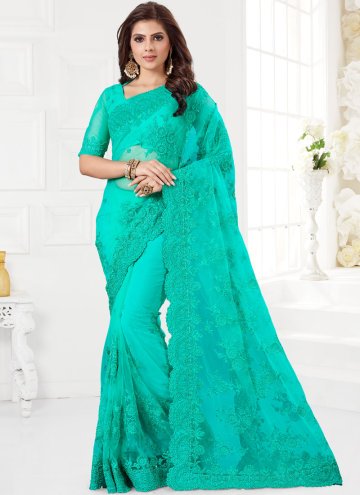 Turquoise Net Embroidered Classic Designer Saree f