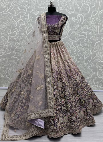 Velvet A Line Lehenga Choli in Purple Enhanced with Diamond Work