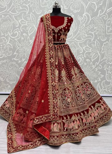 Velvet Designer Lehenga Choli in Red Enhanced with