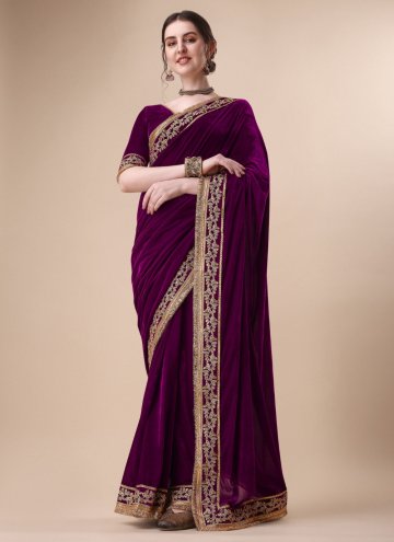 Velvet Designer Traditional Saree in Purple Enhanced with Embroidered