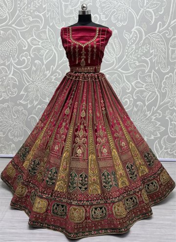 Velvet Lehenga Choli in Rani Enhanced with Embroidered