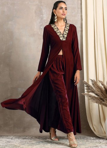 Velvet Party Wear Kurti in Maroon Enhanced with Embroidered