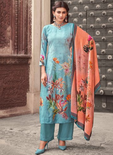 Velvet Trendy Salwar Kameez in Blue Enhanced with Digital Print