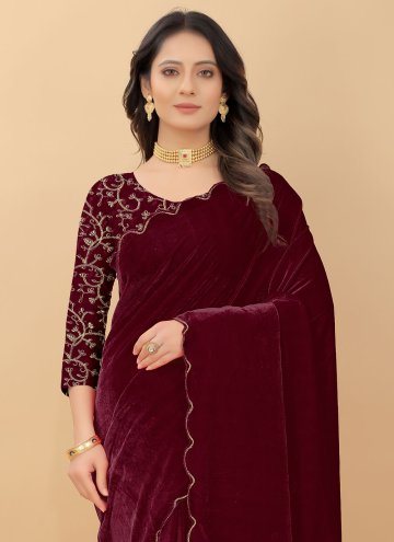 Velvet Trendy Saree in Wine Enhanced with Embroidered