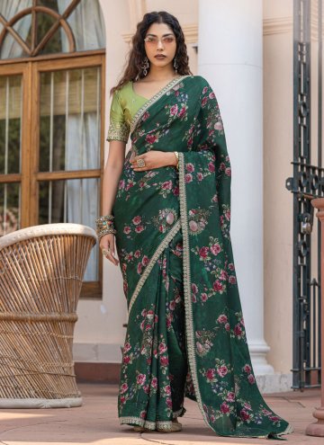 Viscose Contemporary Saree in Green Enhanced with 