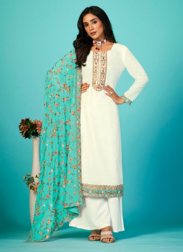 White color Georgette Straight Salwar Kameez with Embroidered