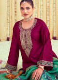 Wine color Embroidered Raw Silk Pakistani Suit - 1