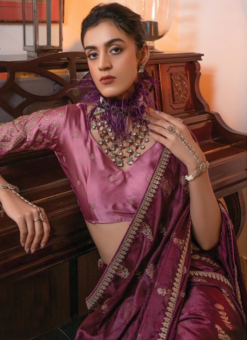 Wine color Satin Contemporary Saree with Embroidered