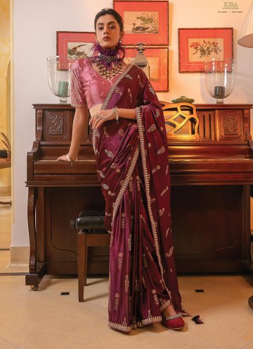 Wine color Satin Contemporary Saree with Embroider