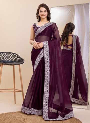 Wine color Silk Trendy Saree with Embroidered