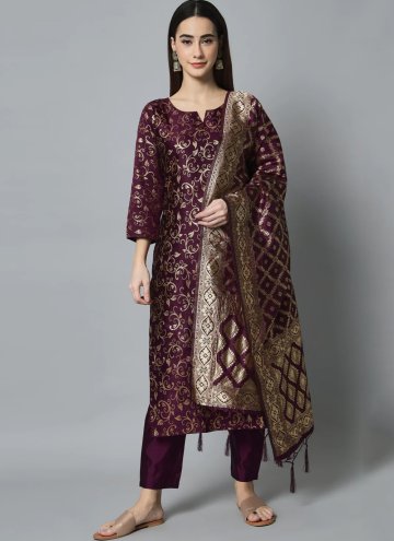 Wine Cotton Silk Jacquard Work Salwar Suit for Fes