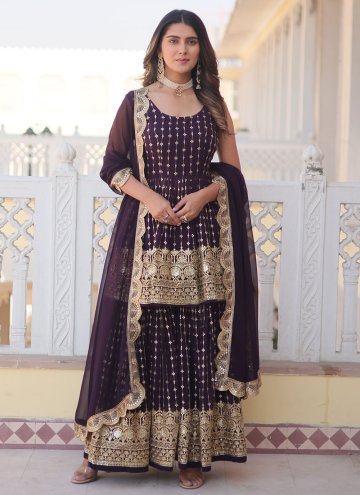 Wine Salwar Suit in Faux Georgette with Embroidere