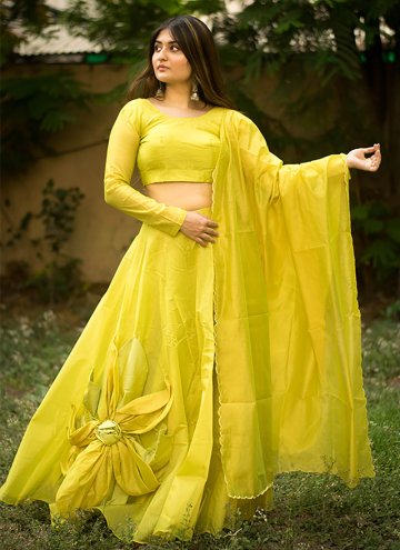 Yellow color Chanderi Silk A Line Lehenga Choli with Patchwork