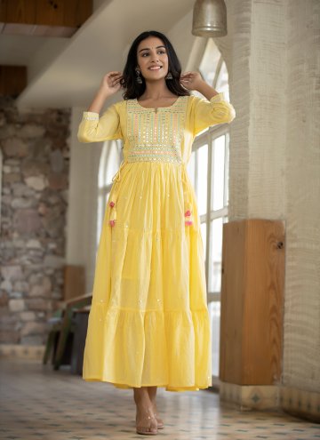 Yellow color Embroidered Cotton  Designer Gown