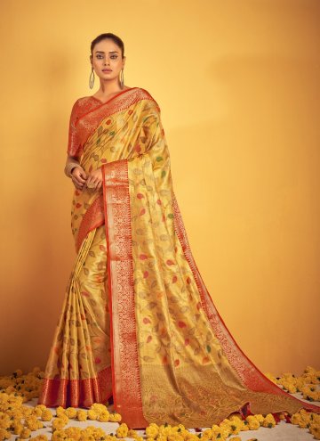 Yellow color Woven Banarasi Designer Traditional Saree