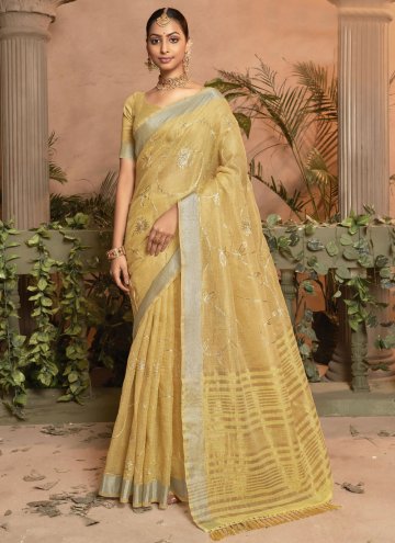Yellow Contemporary Saree in Cotton Silk with Embroidered