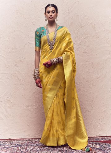 Yellow Designer Saree in Pure Crepe with Woven