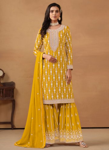 Yellow Faux Georgette Embroidered Trendy Salwar Su