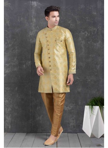 Yellow Jacquard Silk Print Indo Western for Ceremonial