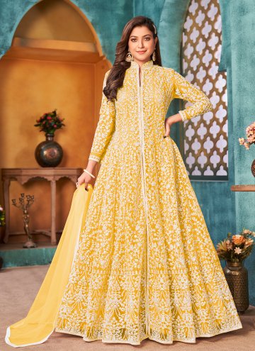 Yellow Net Cord Designer Anarkali Salwar Kameez for Wedding
