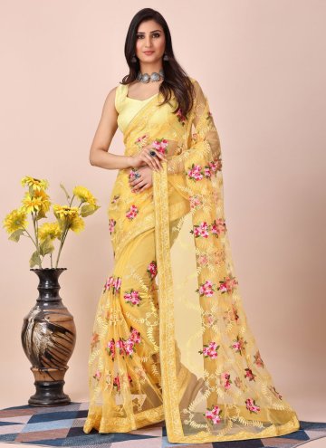 Yellow Net Embroidered Trendy Saree