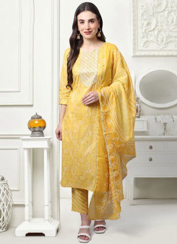 Yellow Pant Style Suit in Cotton  with Printed