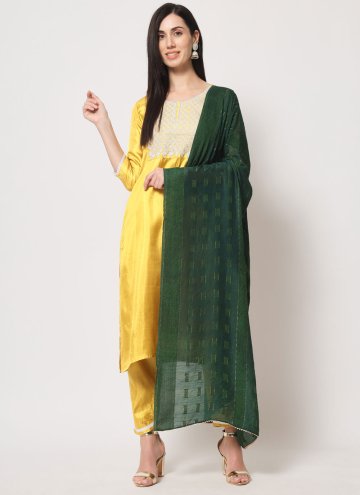 Yellow Pant Style Suit in Silk with Embroidered