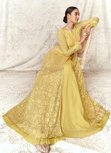 Yellow Pure Georgette Embroidered A Line Lehenga Choli for Ceremonial