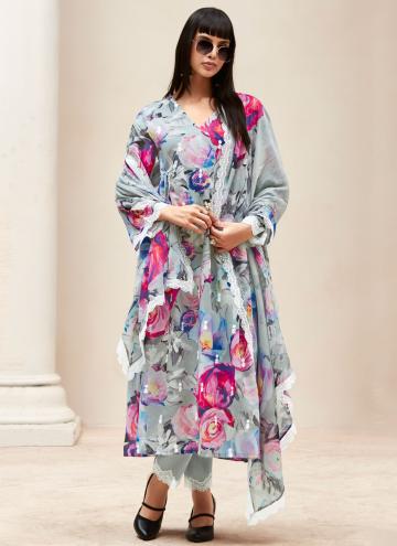 Adorable Digital Print Linen Grey and Multi Colour Designer Salwar Kameez