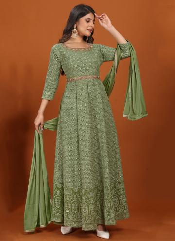 Adorable Green Faux Georgette Embroidered Gown