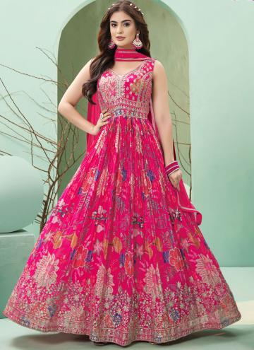 Alluring Embroidered Georgette Hot Pink Gown