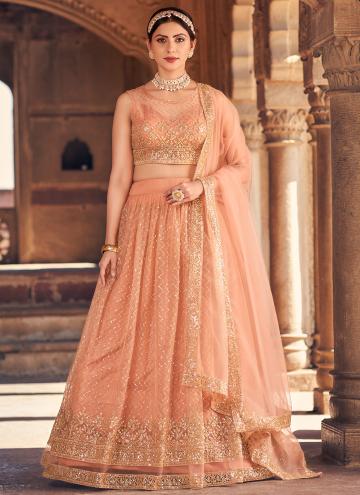 Alluring Peach Net Embroidered A Line Lehenga Choli for Ceremonial