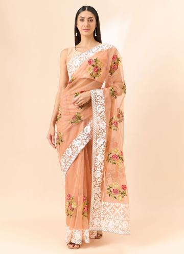 Alluring Peach Organza Floral Print Designer Saree