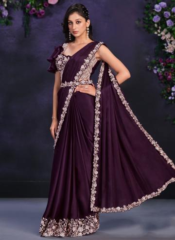 Alluring Purple Satin Silk Moti Work Classic Designer Saree