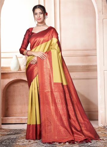 Alluring Yellow Kanjivaram Silk Woven Designer Saree for Ceremonial
