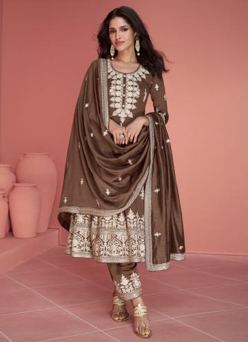 Amazing Brown Silk Embroidered Salwar Suit