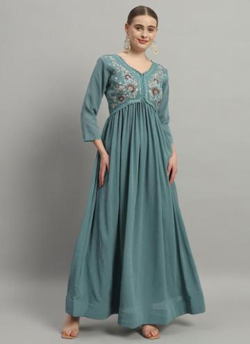 Aqua Blue color Embroidered Georgette Gown