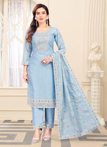 Aqua Blue color Silk Designer Salwar Kameez with Embroidered
