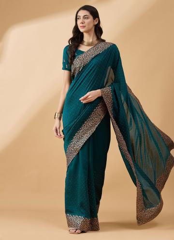 Art Silk Designer Saree in Teal Enhanced with Stone Work