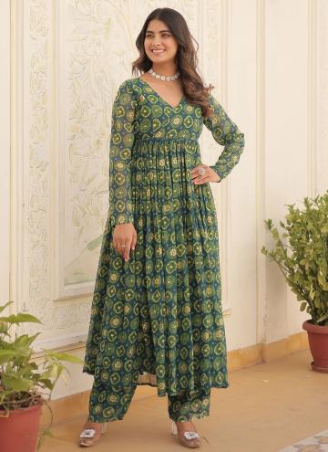 Attractive Green and Rama Faux Georgette Foil Prin