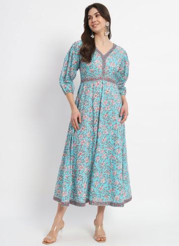Beautiful Blue Cotton  Print Readymade Designer Gown