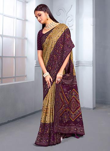 Beige and Purple Silk Foil Print Trendy Saree for Ceremonial