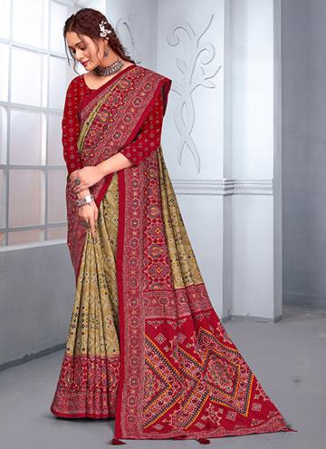 Beige and Red Silk Foil Print Contemporary Saree