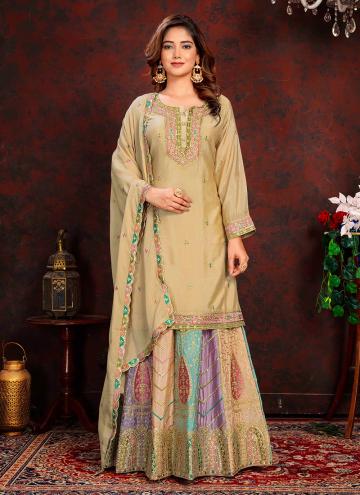 Beige Trendy Salwar Kameez in Chinon with Embroidered