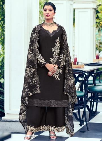Black color Chinon Trendy Salwar Kameez with Embro