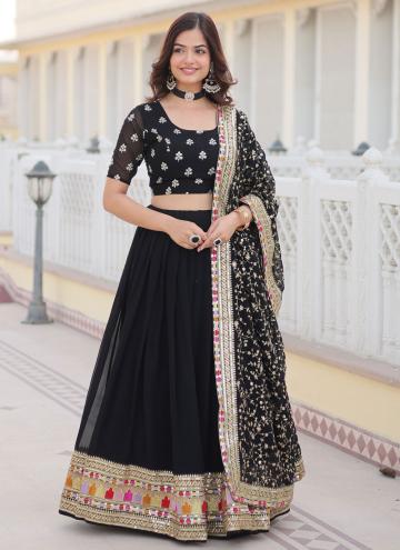 Black Faux Georgette Embroidered A Line Lehenga Choli for Ceremonial