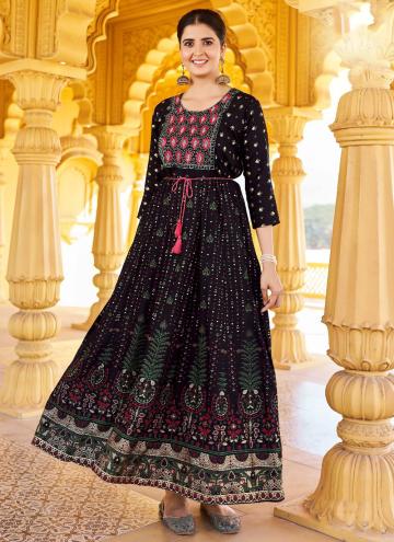 Black Gown in Rayon with Embroidered