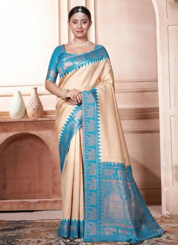 Blue and Cream color Woven Kanjivaram Silk Trendy Saree